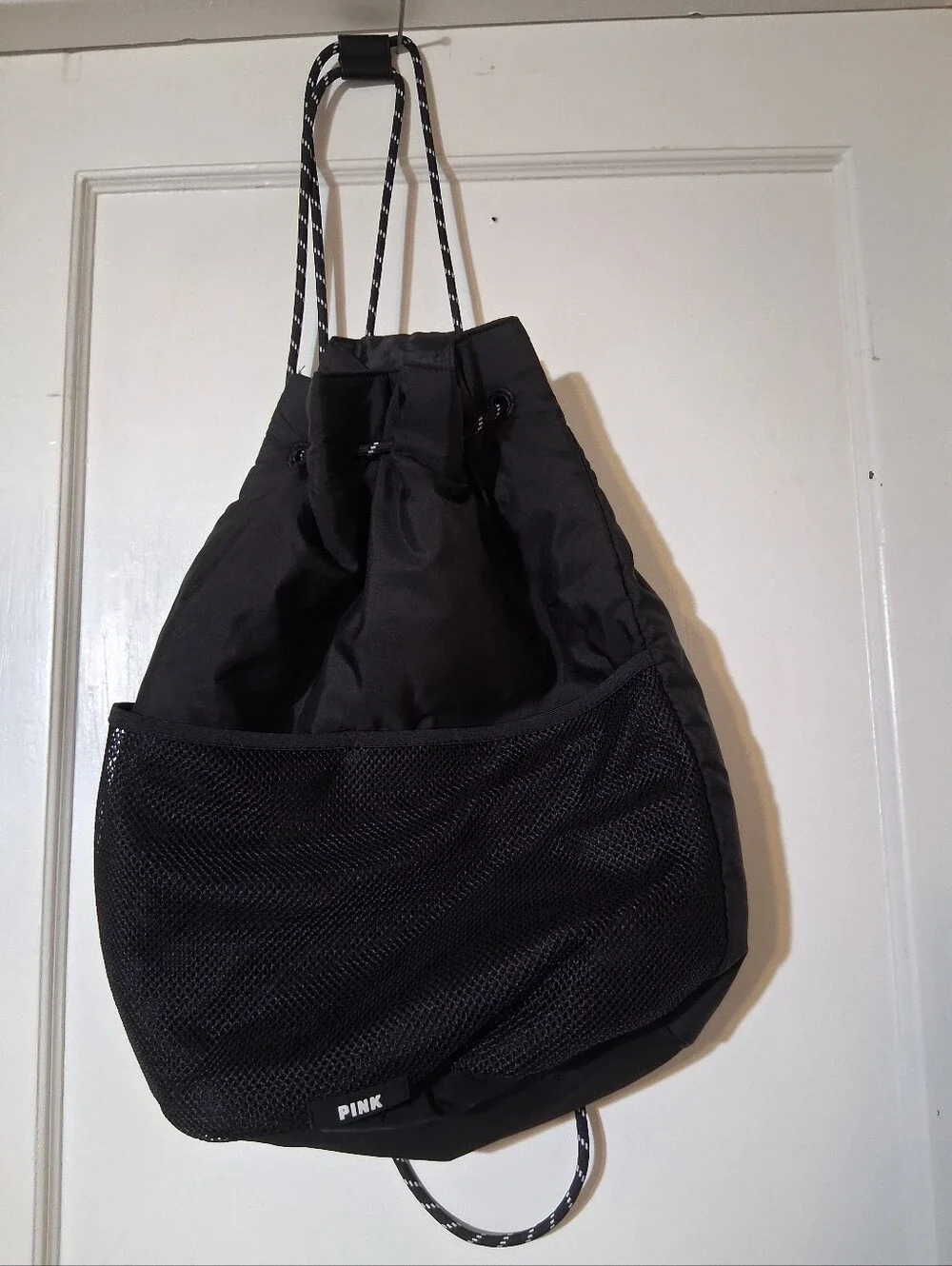 PINK Victoria's Secret Black Drawstring Backpack Gym Bag Cinch Tote Mesh Pocket